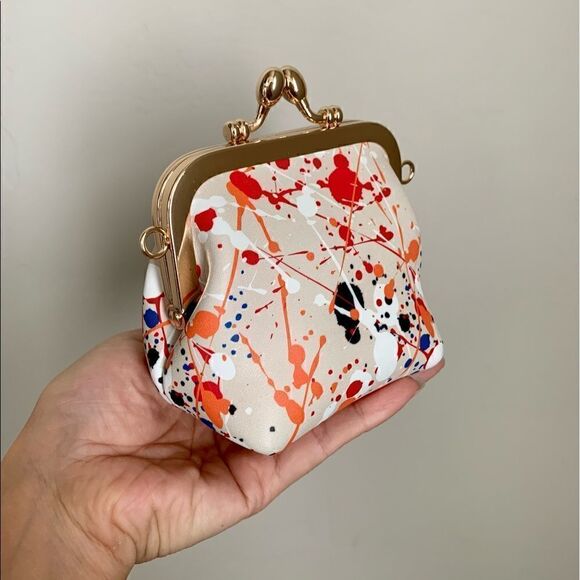 Handmade Genuine Leather Splatter Printed Wooden Frame Clutch with Small Purse - Picture 14 of 16